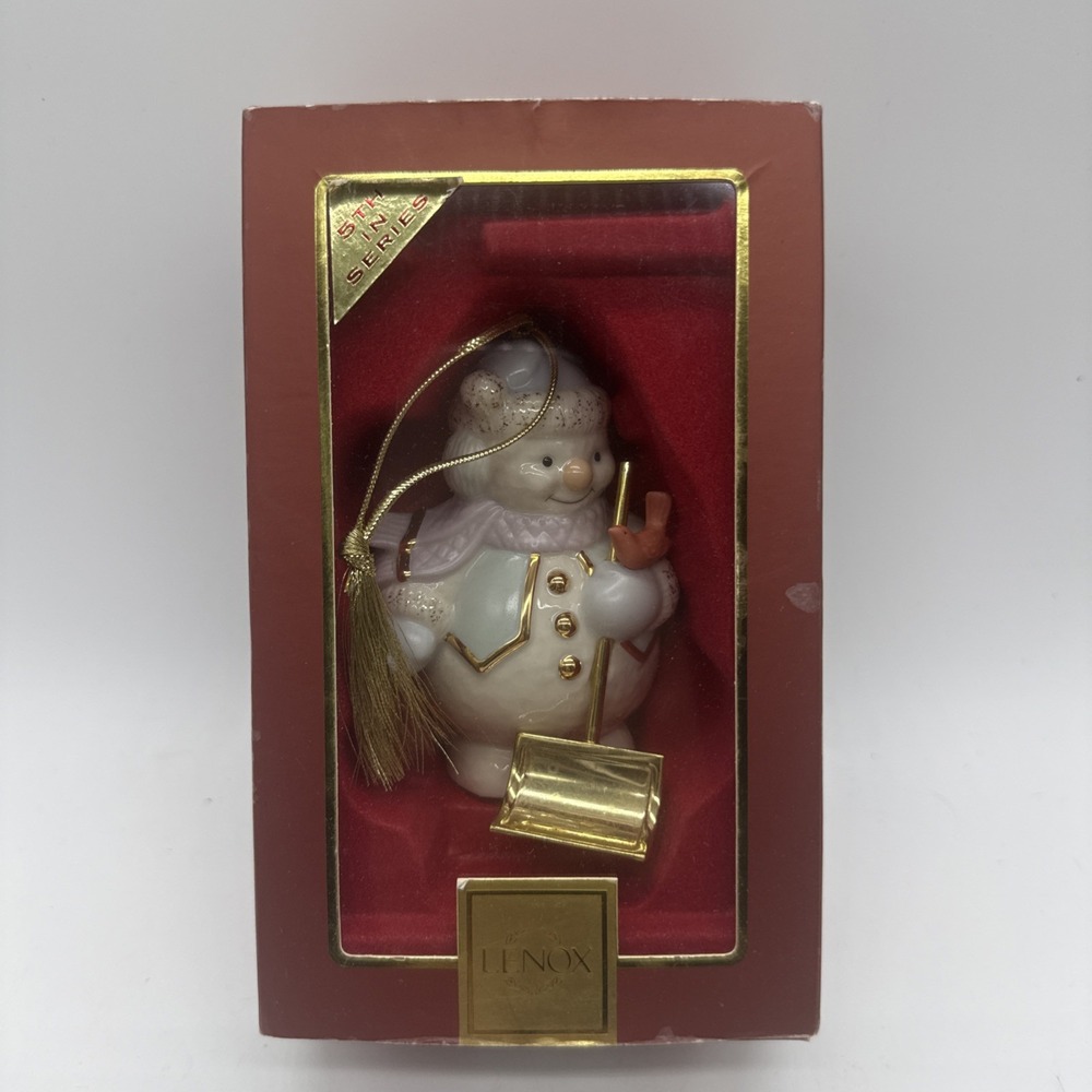 Lenox Snowman Shoveling Snow Christmas Ornament 5th Series Porcelain Gold Box
